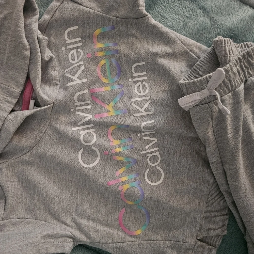 Calvin Klein Gray and Pink Short Sleeve Jogger Set with Rainbow Detail